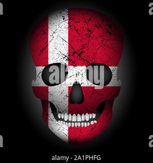 Cranio bandiera Danimarca su uno sfondo nero. Illustrazione Vettoriale. Foto Stock