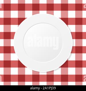 Piastra di colore bianco su rosso tovaglia a scacchi. Capsula vuota su un tavolo da cucina panno. Modello senza giunture. Impostazione tabella per la cena. Pasto, mangiare, rosso coperchio tavolo Illustrazione Vettoriale