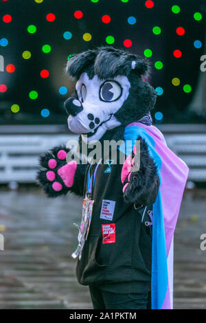 Preston, Lancashire. Regno Unito intrattenimento. 28 Settembre, 2019. Un bel pomeriggio di sole per le 8 città annuale Gay Pride Festival. Megan età da 13 anni, che ama essere conosciuto come Jack indossando un Border Collie animale costume mascotte inizia nel centro della città mercato di bandiera. Credito: MediaWorldImages/Alamy Live News Foto Stock