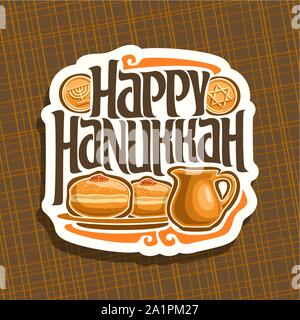 Il logo del vettore per Hanukkah holiday, segno con tradizionale hanukkah pasto: sufganiyot con marmellata, olio caraffa & cioccolato coin gelt, decorativo originale fo font Illustrazione Vettoriale