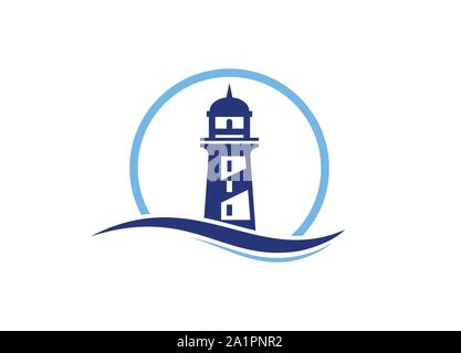 Faro logo design template vettoriale, Faro cerchio Logo disegno astratto template vettoriale, faro icona con le onde del mare e gabbiani. Illustrazione Vettoriale