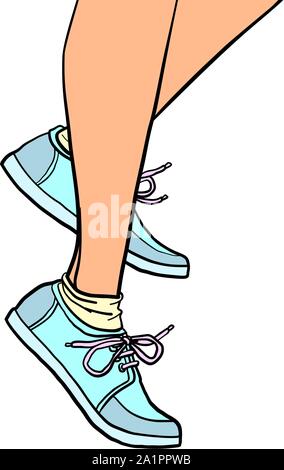 La donna va da vicino i piedi in scarpe da ginnastica. Fumetto cartoon arte pop retrò illustrazione vettoriale disegno Illustrazione Vettoriale