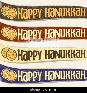 Set di vettore di nastri per Hanukkah holiday, banner curva con monete doro, decorativo originale font per il testo Happy Hanukkah su sfondo astratto, Illustrazione Vettoriale