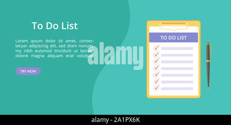 Todo list su appunti con penna modello web. landing page concetto, nota e attività da fare a bordo con una graffetta. Modello Web illustrazione, penna e appunti con todo list su sfondo verde Foto Stock