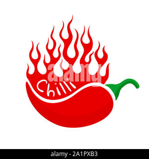 Disegno Piatto con il peperoncino e sfolgorante di fiamme. Hot fuoco ardente fiamma e peperoncino rosso isolato su sfondo bianco. illustrazione per il ristorante di design o cibo piccante menu Foto Stock