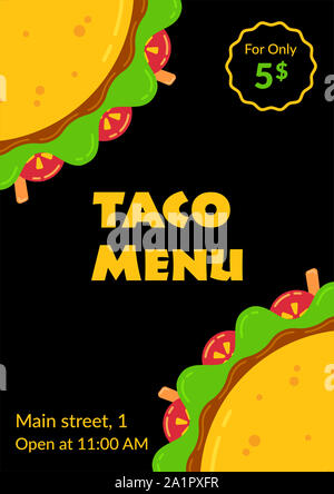 Cucina messicana gustoso taco un fast food menu. Ristorante o bar party flyer con due piatti con tacos beaf e pollo, pomodori, insalata e sugo di carne. illustrazione tradizionale per taco martedì Foto Stock