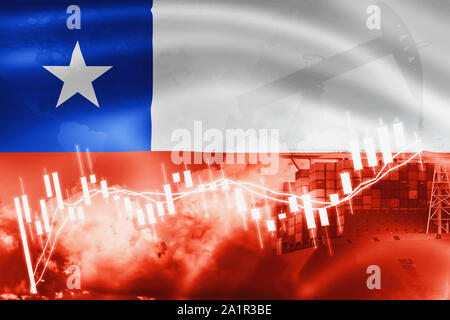 Bandiera del Cile, del mercato azionario, economia di scambio e di commercio, produzione di petrolio, contenitore di nave in esportazione e importazione delle imprese e della logistica. Foto Stock