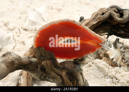 Agata arancione in pietra a secco sul ramo di albero. Sabbia e conchiglie sullo sfondo Foto Stock