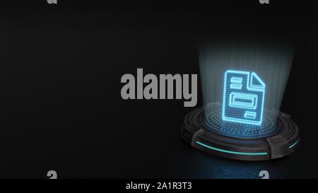 Strisce blu laser digitale 3D ologramma simbolo della carta con angoli piegati e di eseguire il rendering di testo sul metallo vecchio sci-fi sfondo pad Foto Stock