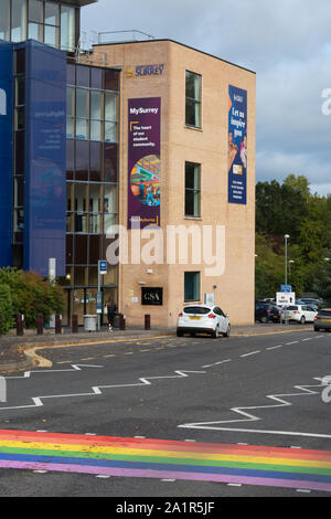 Rainbow attraversamento pedonale presso l Università del Surrey campus a Guildford, Regno Unito, a sostegno della comunità LGBT Foto Stock