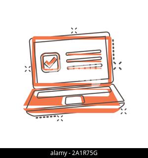 Questionario icona portatile in stile fumetto. Sondaggio online vettore illustrazione cartoon bianco su sfondo isolato. Elenco di controllo report effetto splash busin Illustrazione Vettoriale