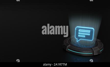 Strisce blu laser digitale 3D ologramma simbolo del fumetto di commento con le righe del testo rendono sul metallo vecchio sci-fi sfondo pad Foto Stock