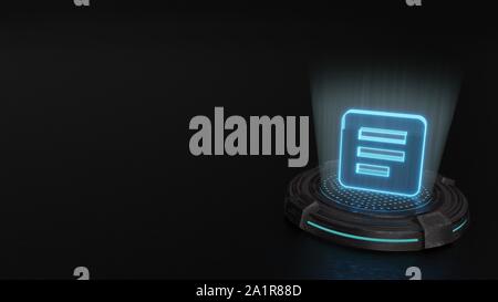 Strisce blu laser digitale 3D ologramma simbolo di linee di testo sul quadrato arrotondato il rendering su metallo vecchio sci-fi sfondo pad Foto Stock