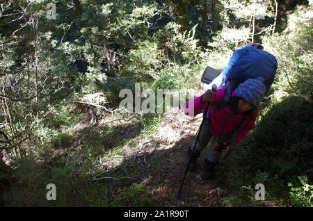Femmina tailandese backpacker. Te Araroa Trail. Isola del Sud. Nuova Zelanda Foto Stock