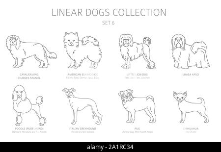 Linea semplice raccolta di cani isolato su bianco. Razze di cani. Uno stile piatto clipart set. Illustrazione Vettoriale Illustrazione Vettoriale