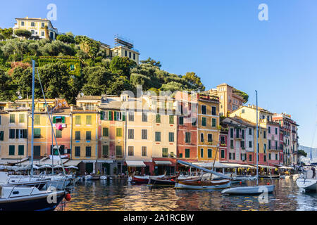 Colorate case pittoresche lungo il porto di Portofino, Mar Ligure, Liguria, Italia Foto Stock