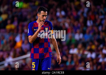 Barcellona - Sep 24: Sergio Busquets svolge presso la Liga match tra FC Barcelona e Villarreal CF allo stadio Camp Nou il 24 settembre 2019 in Foto Stock