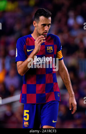 Barcellona - Sep 24: Sergio Busquets svolge presso la Liga match tra FC Barcelona e Villarreal CF allo stadio Camp Nou il 24 settembre 2019 in Foto Stock