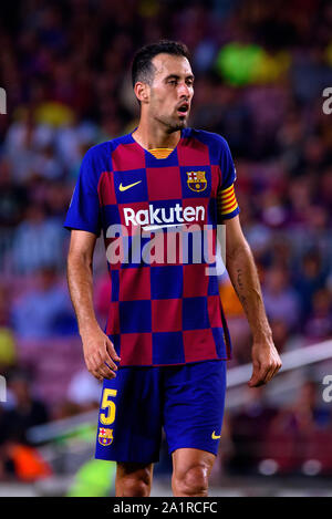 Barcellona - Sep 24: Sergio Busquets svolge presso la Liga match tra FC Barcelona e Villarreal CF allo stadio Camp Nou il 24 settembre 2019 in Foto Stock