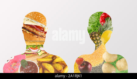 Alimenti dannosi per la salute all'interno di uomo vs prodotto sano nella donna Foto Stock