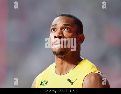 Doha in Qatar. 28 Sep, 2019. Yohan Blake della Giamaica a competere in 100 metri per gli uomini durante il XVII IAAF mondiale di atletica Al Khalifa Stadium di Doha, in Qatar. Ulrik Pedersen/CSM/Alamy Live News Foto Stock