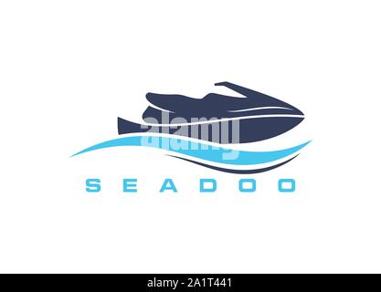 Seadoo logo, il logo a forma di onda, oceano logo, Jet Ski barca a motore jet ski vector logo design template, isolato su uno sfondo bianco Illustrazione Vettoriale