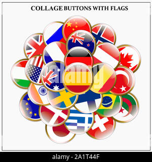 Brillante collage di banner con bandiere. Illustrazione colorata con le bandiere del mondo per il design. Foto Stock
