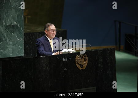 Organizzazione delle Nazioni Unite. 28 Sep, 2019. Philippine Affari Esteri Segretario Teodoro Locsin risolve il dibattito generale della 74a sessione dell'Assemblea generale delle Nazioni Unite presso la sede delle Nazioni Unite a New York il 7 settembre 28, 2019. Credito: Li Muzi/Xinhua/Alamy Live News Foto Stock