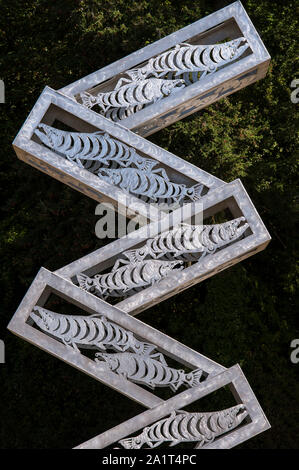 Scultura di salmone al Kayak Point Park per artista James Madison, Tulalip artista. Foto Stock