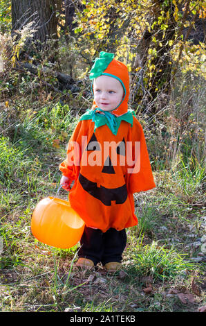 Un grazioso piccolo ragazzo è vestito in un costume di zucca, ed è tutto pronto per il dolcetto o scherzetto e una festa di Halloween Foto Stock