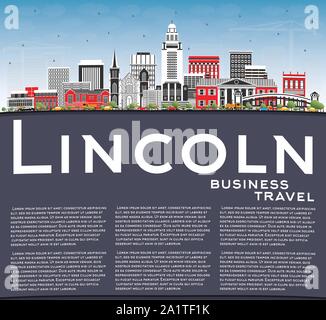 Lincoln Nebraska skyline della città con edifici di colore, il blu del cielo e spazio di copia. Illustrazione Vettoriale. Illustrazione Vettoriale