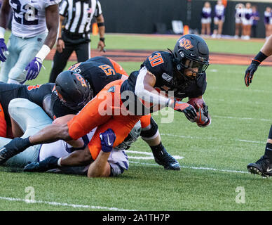 Stillwater, Oklahoma, Stati Uniti d'America. 28 Sep, 2019. Kansas State Wildcats tackle difensivo Giordania Mittie (91) affronta Oklahoma State Cowboys running back Chuba Hubbard (30) durante il gioco il Sabato, Settembre 28, 2019 a Boone Pickens Stadium di Stillwater, Oklahoma. Credito: Nicholas Rutledge/ZUMA filo/Alamy Live News Foto Stock