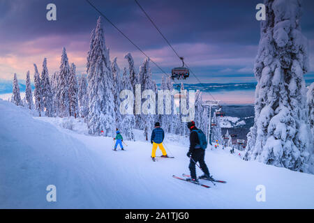 Bella coperta di neve alberi e stazione sciistica invernale con veloci impianti di risalita. Gli sciatori attivo sciare in discesa in Poiana Brasov splendide località sciistica, Transylvani Foto Stock