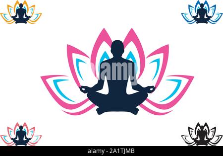 Il logo di Yoga modello, fiore di loto logo con sagoma umana, Yoga logo emblema del vettore, lo Yoga pone il vettore logo design modello. Bellezza, Spa, Relax, Illustrazione Vettoriale