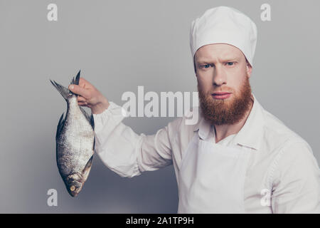 Ritratto di Nizza attraente bello grave candide butcher guy holding che trasportano il pesce in mano braccio pronto a preparare gustose yummy piatto ricetta a base di pesce Foto Stock