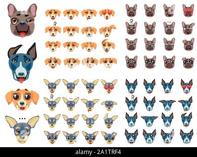 Set di cani gli Emoji Emoticon espressione. Bulldog francese, Golden Retriever, Bullterrier, toy terrier. Illustrazione Vettoriale