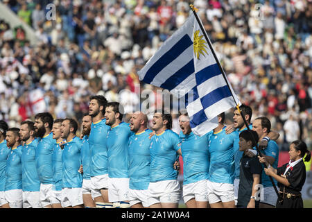 Saitama, Giappone. 29Sep, 2019. Giocatori di Rugby a cantare l'inno nazionale dell Uruguay durante la Coppa del Mondo di Rugby 2019 Pool D match tra la Georgia e l'Uruguay a Kumagaya Rugby Stadium, vicino a Tokyo. La Georgia sconfigge Uruguay 33-7. Credito: Rodrigo Reyes Marin/ZUMA filo/Alamy Live News Foto Stock