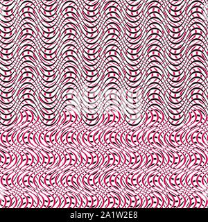 Le due tonalità, a 2 colori linee tratteggiate, speckle, cucitura, diffuso schema geometrico. Fitto reticolo ondulate, griglia. A intreccio, interconnettendo lineal, maglia lineare pat Illustrazione Vettoriale