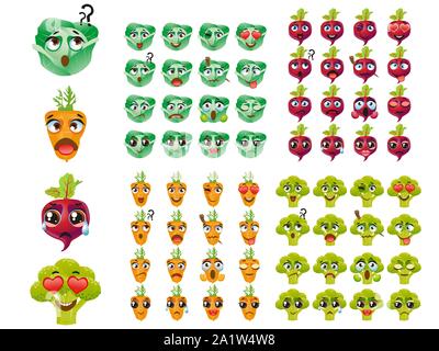 Set di verdure. Gli Emoji Emoticon espressione. Broccoli, cavoli carote, barbabietole Illustrazione Vettoriale