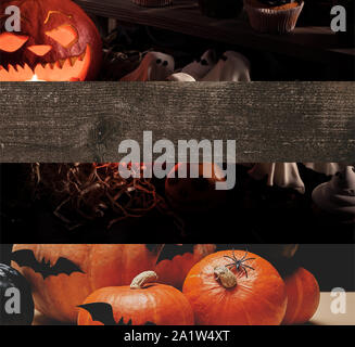Collage delle tradizionali zucche di Halloween, pipistrelli e fantasmi Foto Stock