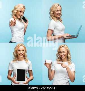 Collage di bionda sorridente imprenditrice azienda business card, smartphone, laptop e tablet digitale isolato su blu Foto Stock