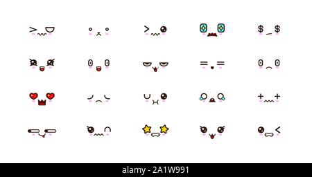Kawaii icone espressioni facce carine smile emoticon. Gli Emoji giapponesi Illustrazione Vettoriale