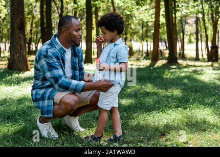 Bello americano africano padre seduta vicino carino figlio soffiando bolle di sapone Foto Stock