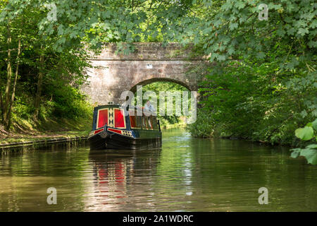 Un uomo percorre una stretta, barche o chiatte, sotto un mattone costruito su ponte il Shropshire Union Canal in Inghilterra. Foto Stock