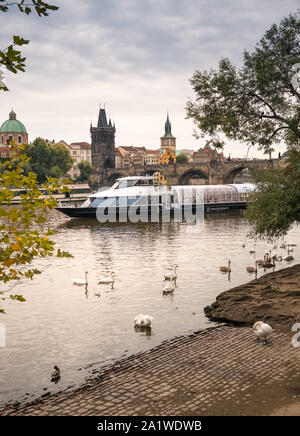 Ponte Carlo e dalla Città Vecchia di Praga, Repubblica Ceca. Un fiume in barca per visite guidate prende i turisti per escursioni lungo il fiume Vltava. Settembre. Foto Stock