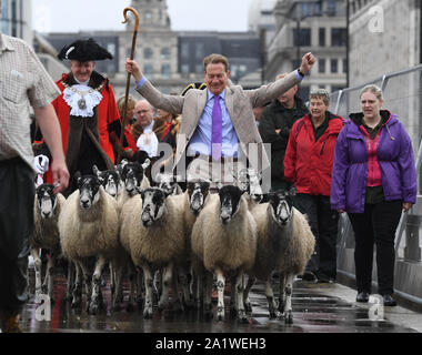 Michael Portillo conduce un gregge di pecore oltre il Ponte di Londra. L'emittente e ex MP che è anche cittadino onorario della città accompagnato dal signore sindaco e sceriffi sulla grande unità di pecora. Foto Stock