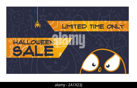 Vendita di halloween con divertenti cartoon fantasmi e mostri in stile lineare Illustrazione Vettoriale