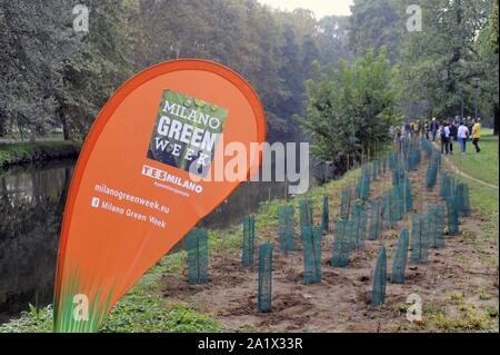 Milano (Italia), piantagione di duecento nuovi alberi nel Parco Lambro, un'iniziativa promossa dal Comune e l'associazione ambientale Legambiente in occasione di Milano la settimana verde Foto Stock