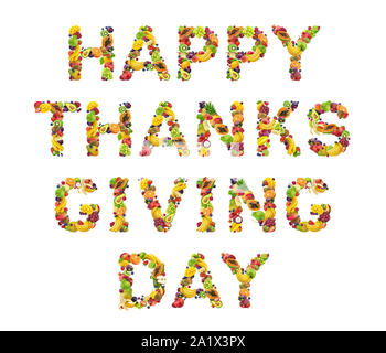 Felice giorno del ringraziamento, scritte fatte di frutta fresca e bacche Foto Stock