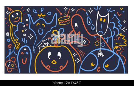 Sfondo di halloween con divertenti cartoon fantasmi e mostri in stile lineare Illustrazione Vettoriale